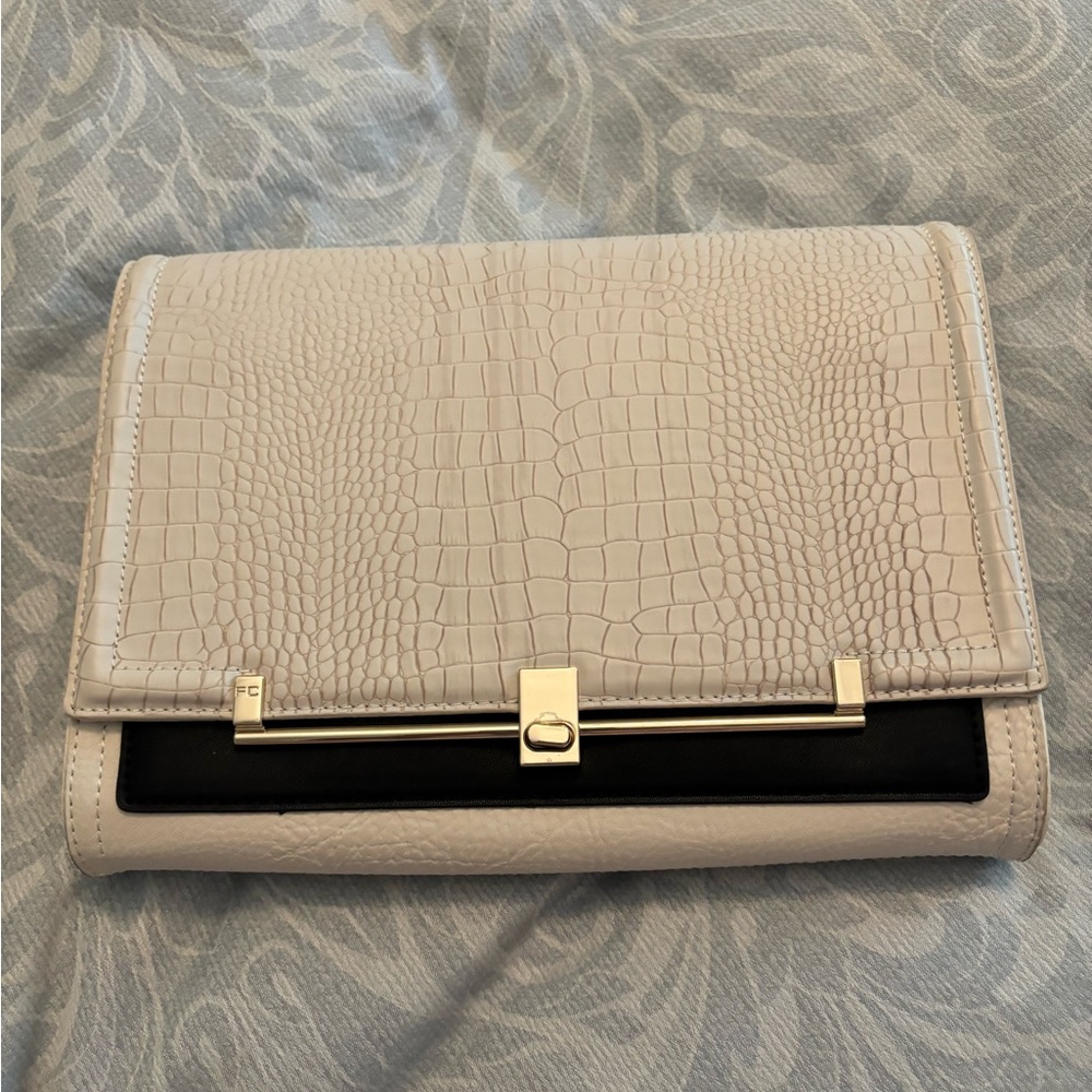 French Connection Beige Clutch with Textured Leather and Gold Hardware